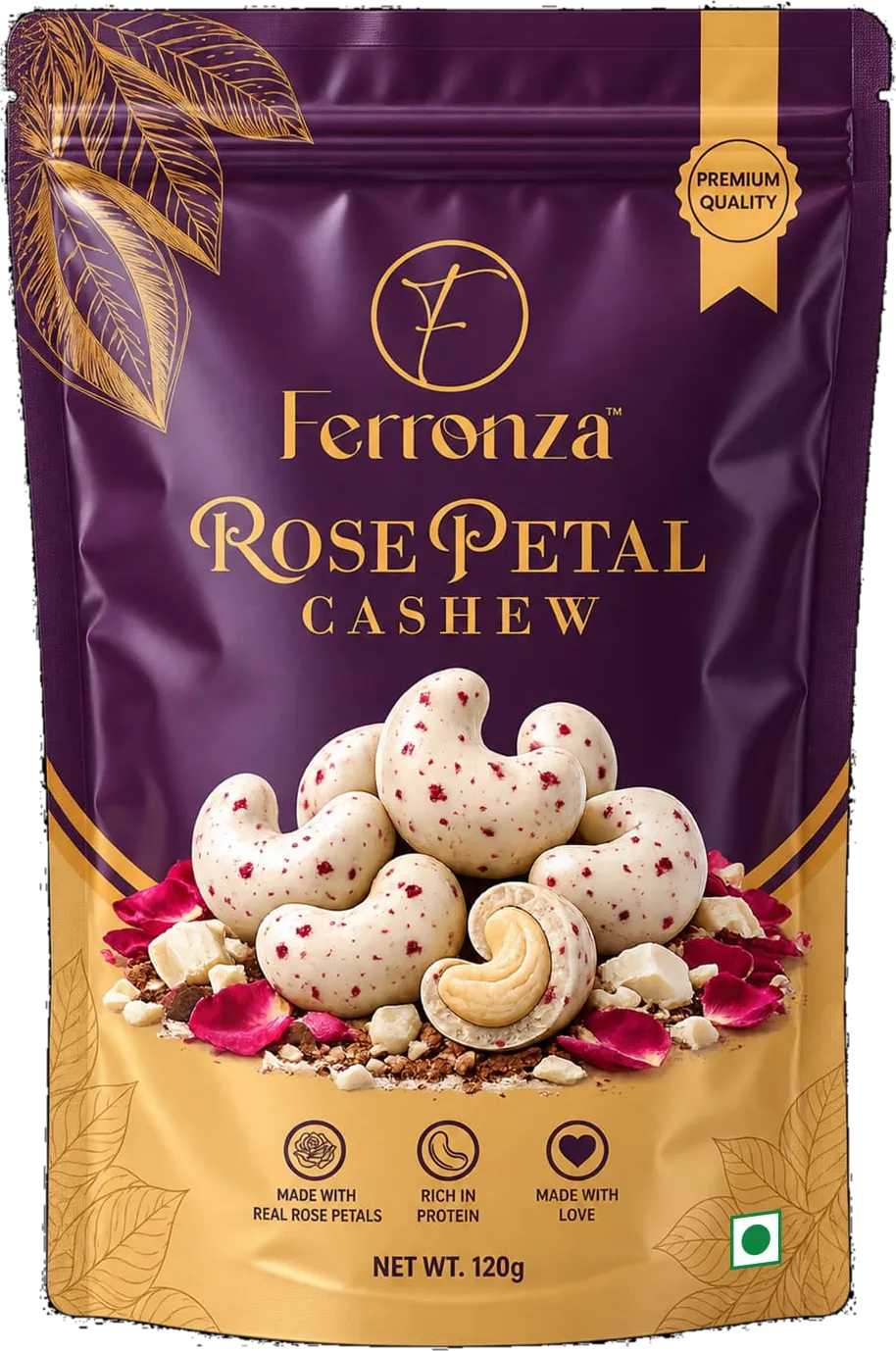 Ferronza Rose Petal Cashew pouch, flanked by Chocolate Coated Almonds and Kesar Malai Coated Almonds